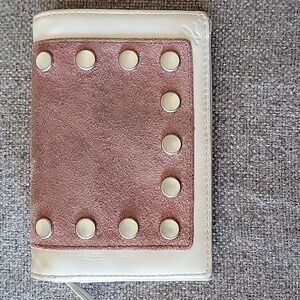 Agnès B. Voyage White Leather and Pink Suede Bifold Wallet w Opalescent Studs